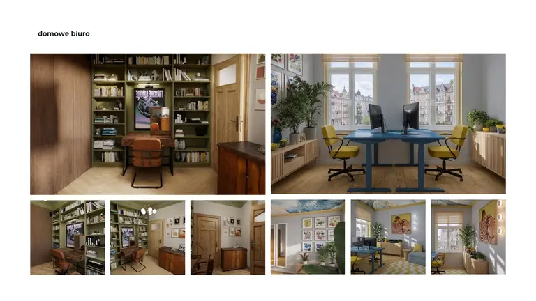 Wnętrze biura z art deco, dopamine decor, eklektyczny, soft minimalizm, tradycyjny, vintage.