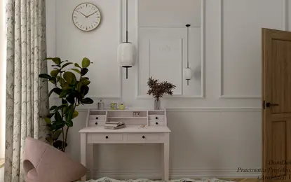 Wnętrze z różowym biurkiem, roślinami i eleganckimi lampami w stylu art deco i vintage.