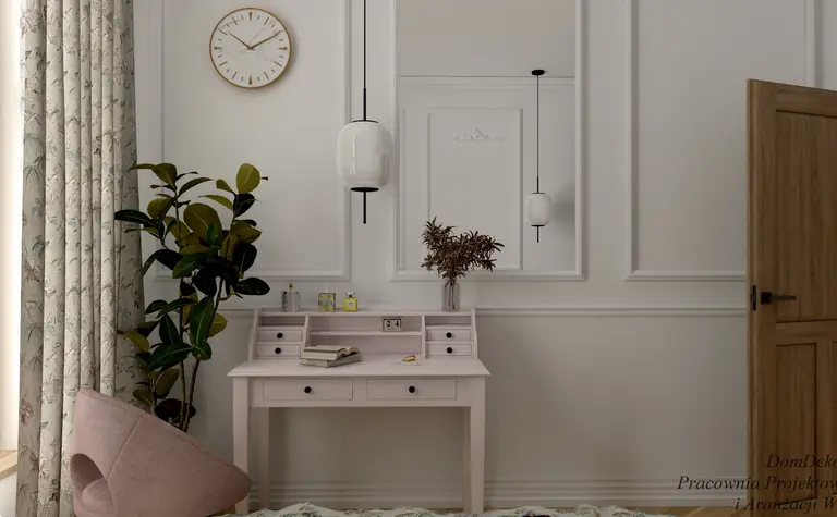 Wnętrze z różowym biurkiem, roślinami i eleganckimi lampami w stylu art deco i vintage.