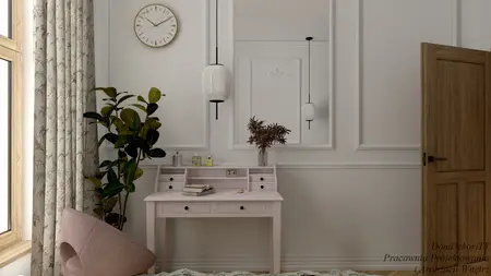Wnętrze z różowym biurkiem, roślinami i eleganckimi lampami w stylu art deco i vintage.