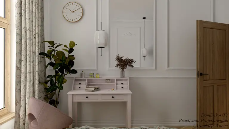 Wnętrze z różowym biurkiem, roślinami i eleganckimi lampami w stylu art deco i vintage.