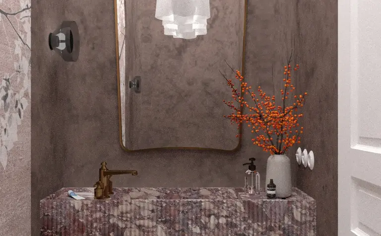 Wnętrze łazienki z marmurową umywalką, lampą i dekoracyjnymi akcentami w stylu art deco, minimaluxe, quiet luxury.