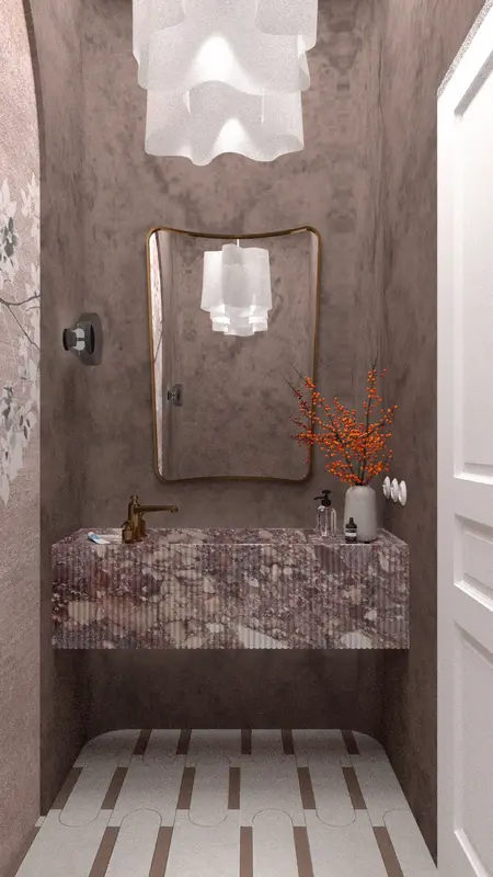 Wnętrze łazienki z marmurową umywalką, lampą i dekoracyjnymi akcentami w stylu art deco, minimaluxe, quiet luxury.