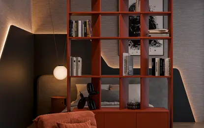 Wnętrze w stylu industrialnym i minimalistycznym z czerwonymi meblami.