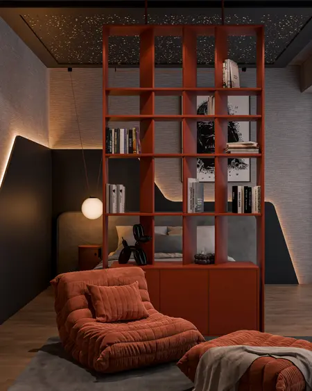 Wnętrze w stylu industrialnym i minimalistycznym z czerwonymi meblami.