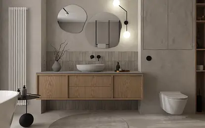 Wnętrze łazienki w stylu japandi i minimalistycznym z drewnianymi meblami.