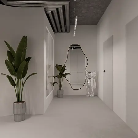 Nowoczesny przedpokój z minimalistycznymi roślinami i lustrem.
