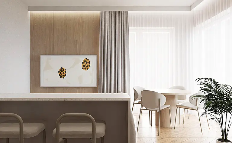 Wnętrze jadalni w stylu japandi, minimalistycznym i nowoczesnym, z drewnianym stołem.