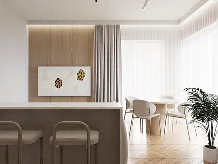 Wnętrze jadalni w stylu japandi, minimalistycznym i nowoczesnym, z drewnianym stołem.