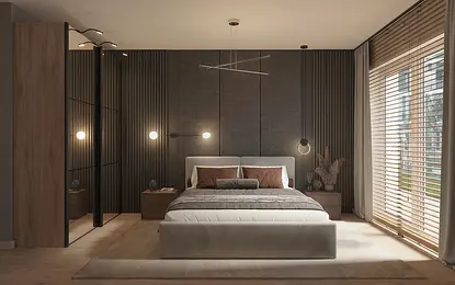 Sypialnia w stylu minimalistycznym z białym łóżkiem, brązowymi poduszkami i drewnianymi akcentami.