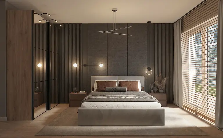 Sypialnia w stylu minimalistycznym z białym łóżkiem, brązowymi poduszkami i drewnianymi akcentami.