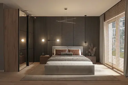 Sypialnia w stylu minimalistycznym z białym łóżkiem, brązowymi poduszkami i drewnianymi akcentami.