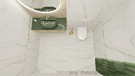 Nowoczesna łazienka z zielonym blatem i marmurowymi płytkami.