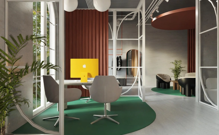 Biuro z żółtym monitorem, szarymi krzesłami i roślinami w stylu dopamine decor, minimalistycznym i współczesnym.