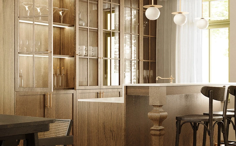 Kuchnia w stylu dopamine decor i vintage z drewnianymi meblami i nowoczesnymi akcentami.