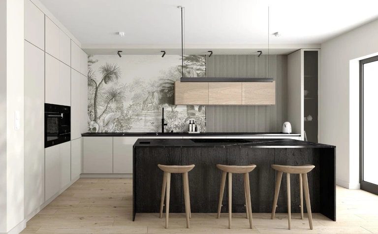 Kuchnia eklektyczna z minimalistycznym wykończeniem, nowoczesne meble i quiet luxury.