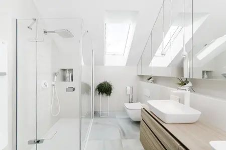 Wnętrze nowoczesnej łazienki z lustrem, prysznicem i roślinami, styl minimaluxe, quiet luxury.