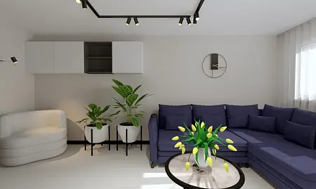 Wnętrze salonu z niebieską sofą, białymi meblami i roślinami.