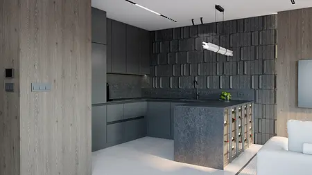 Nowoczesna kuchnia z szarymi meblami i drewnianymi elementami, minimalistyczny design.