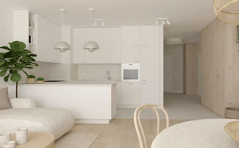Nowoczesna kuchnia w stylu boho i soft minimalizm z białymi meblami i drewnianymi detalami.