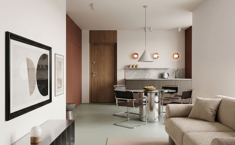 Wnętrze salonu z jadalnią w stylu nowoczesnym, soft minimalizm i współczesny, beżowa sofa, szarozielona podłoga