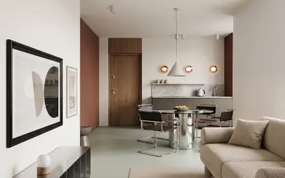 Wnętrze salonu z jadalnią w stylu nowoczesnym, soft minimalizm i współczesny, beżowa sofa, szarozielona podłoga