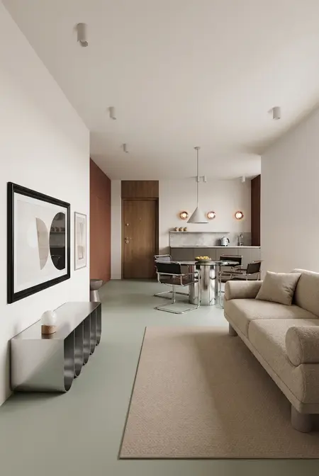 Wnętrze salonu z jadalnią w stylu nowoczesnym, soft minimalizm i współczesny, beżowa sofa, szarozielona podłoga