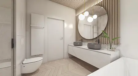 Nowoczesna łazienka w stylu soft minimalizm z dużym lustrem i podwójną umywalką.