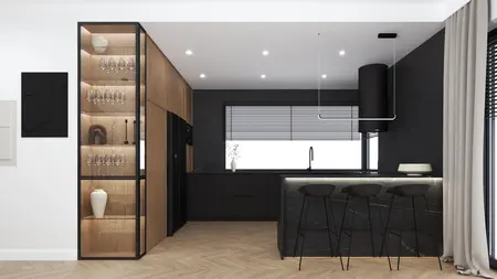 Wnętrze kuchni w stylu industrialnym i minimalistycznym z drewnianymi elementami.