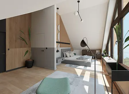 Wnętrze sypialni w stylu boho i minimalistycznym z drewnem i nowoczesnym oświetleniem.