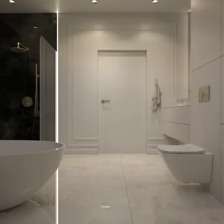Nowoczesna łazienka z białą wanną, czarną kabiną prysznicową, eleganckimi detalami glamour.