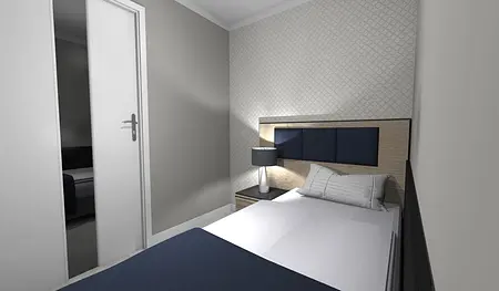 Sypialnia z niebieskim łóżkiem, lampą i jasnymi ścianami w stylu skandynawskim i minimalistycznym