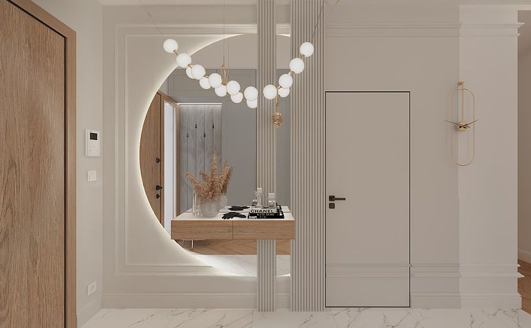 Przedpokój z drewnianymi drzwiami, oświetleniem i dekoracjami w stylu dopamine decor.