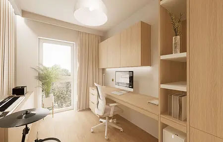 Wnętrze biura w stylu japandi, minimalistycznym i nowoczesnym z drewnianym biurkiem.