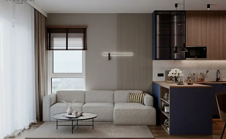 Wnętrze salonu w stylu japandi i współczesnym z szarym narożnikiem i drewnianymi akcentami.