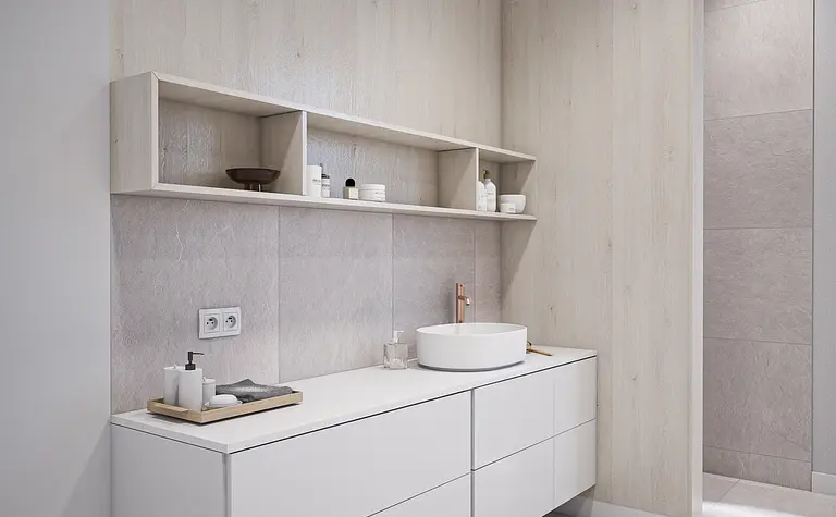 Nowoczesna łazienka z białą szafką, szarymi płytkami i minimalistycznym wystrojem.