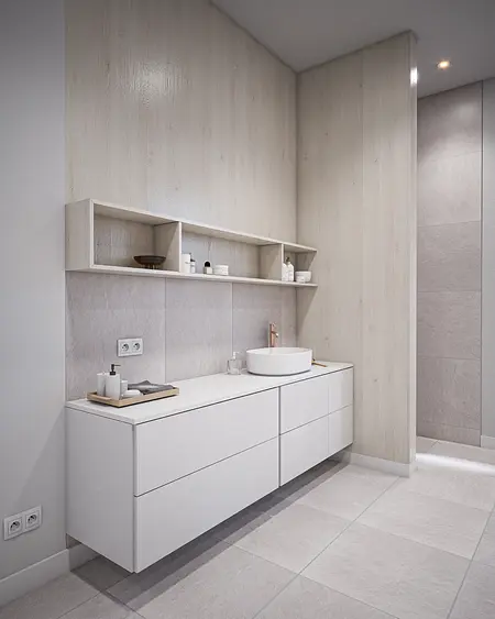 Nowoczesna łazienka z białą szafką, szarymi płytkami i minimalistycznym wystrojem.