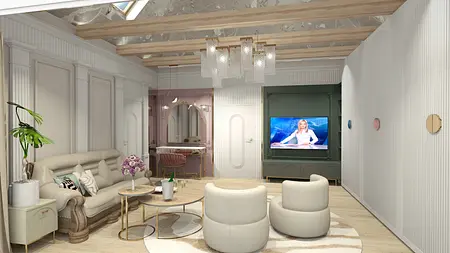 Stylowe wnętrze salonu glamour z jasnymi meblami i rośliną