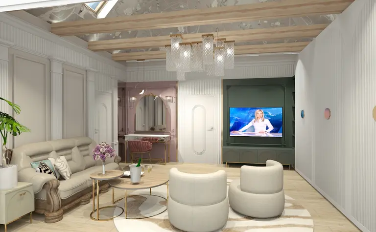 Stylowe wnętrze salonu glamour z jasnymi meblami i rośliną
