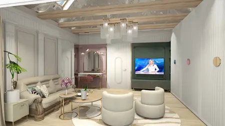 Stylowe wnętrze salonu glamour z jasnymi meblami i rośliną