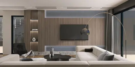 Wnętrze salonu minimalistycznego z drewnianą ścianą i nowoczesnymi meblami.