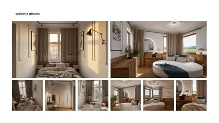 Sypialnia z okrągłym łóżkiem, drewnianymi meblami, art deco, vintage, eklektyczny, soft minimalizm