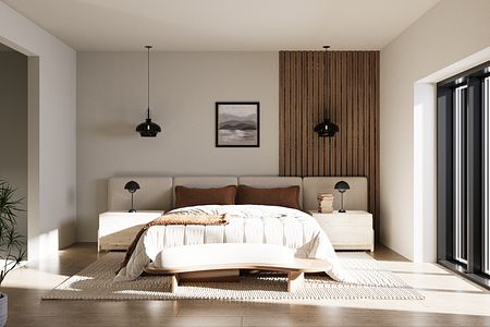 Nowoczesna sypialnia w stylu boho, japandi i minimalistycznym z drewnianymi akcentami.