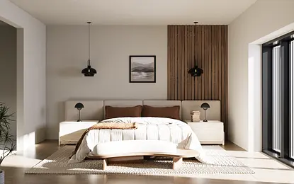 Nowoczesna sypialnia w stylu boho, japandi i minimalistycznym z drewnianymi akcentami.