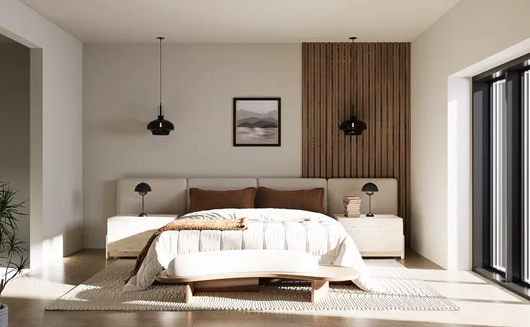 Nowoczesna sypialnia w stylu boho, japandi i minimalistycznym z drewnianymi akcentami.