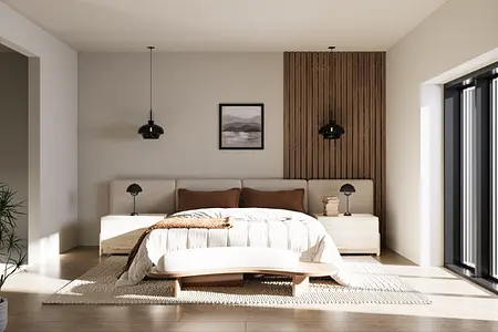 Nowoczesna sypialnia w stylu boho, japandi i minimalistycznym z drewnianymi akcentami.