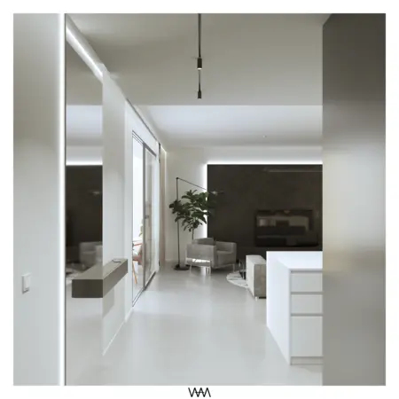 Salon w stylu minimalistycznym z białą kuchnią i roślinami, nowoczesne wnętrze.