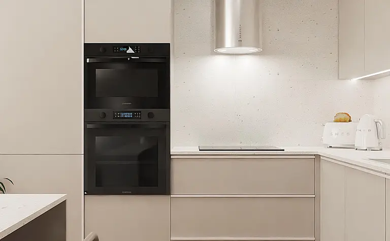 Nowoczesna kuchnia w stylu japandi z beżowymi meblami i drewnianą podłogą.