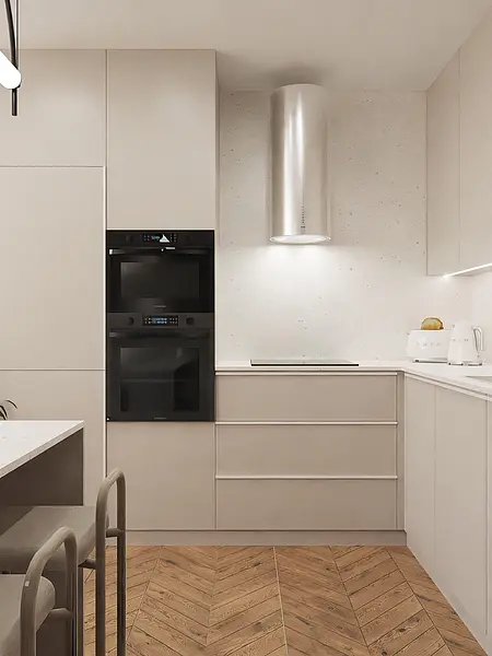 Nowoczesna kuchnia w stylu japandi z beżowymi meblami i drewnianą podłogą.