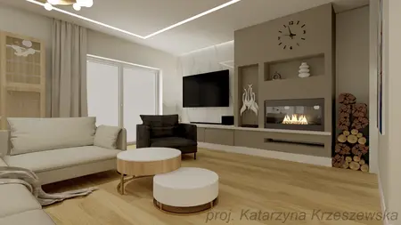 Wnętrze salonu z szarymi ścianami, drewnianym stołem i nowoczesnymi meblami.